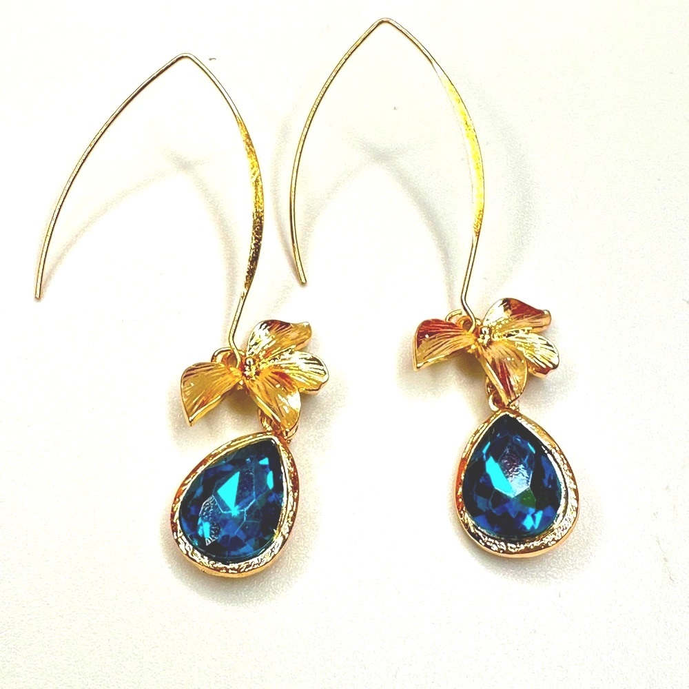NWT -  Elegant Gold Tone Orchid Wire Earrings with Peacock Blue Inlaid Glass